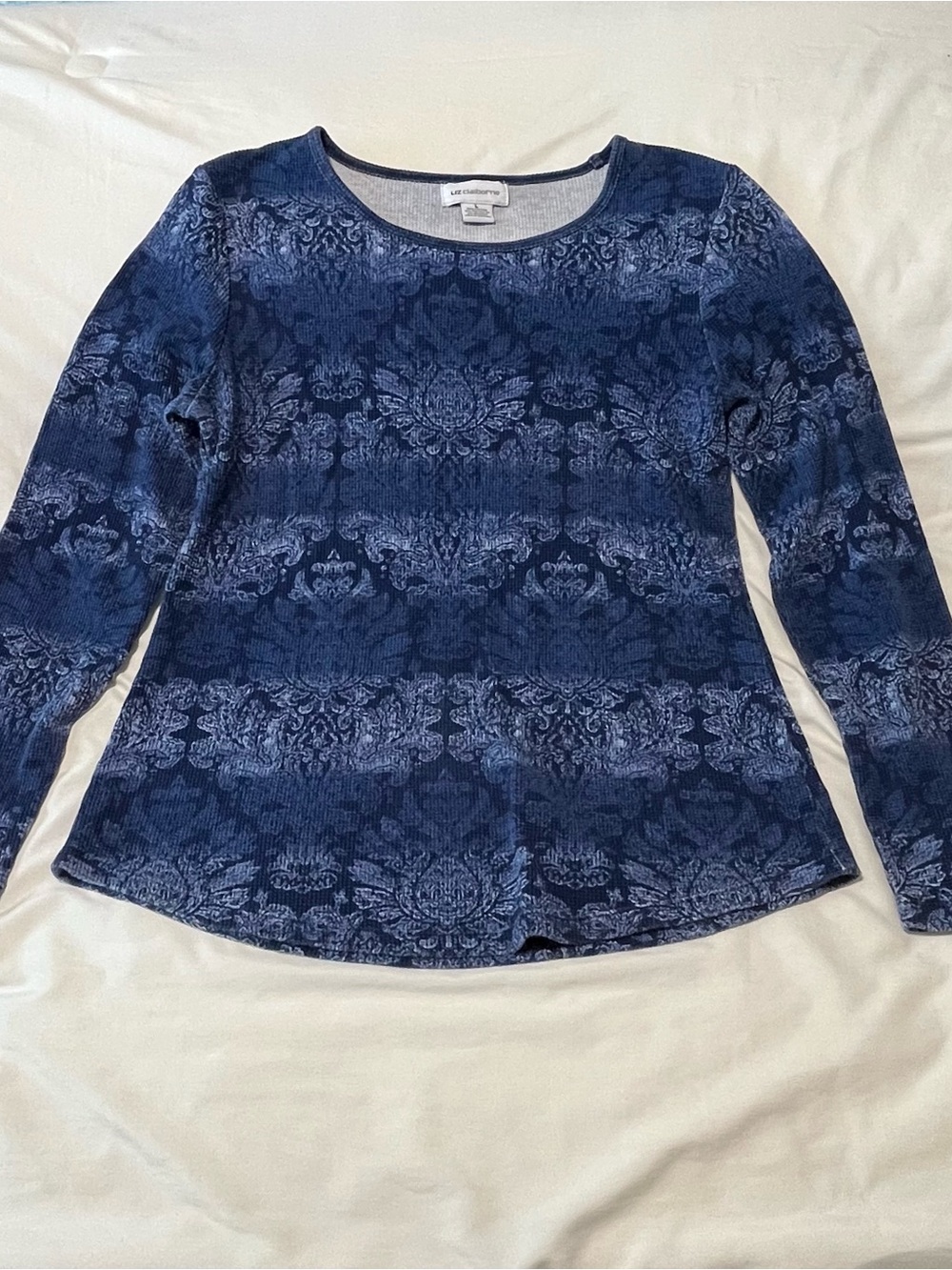 Liz Claiborne Navy Damask Print Long Sleeve Top Size Large